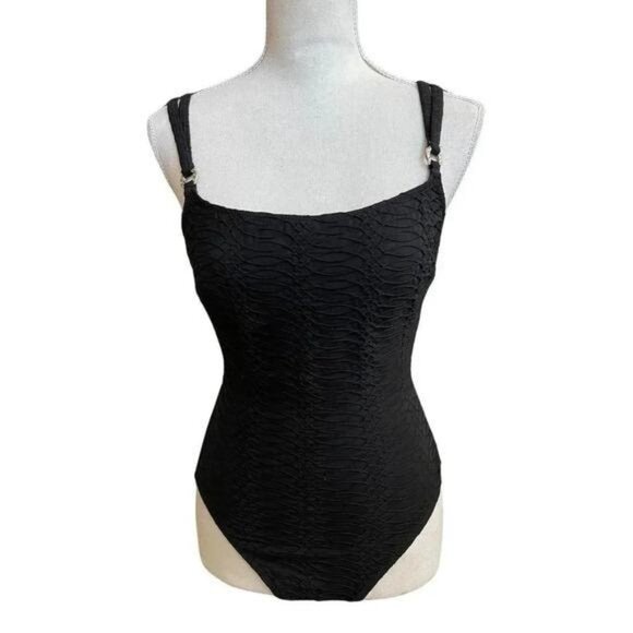 Vintage 1980s La Blanca Black One-Piece Swimsuit – Textured Fabric, Thick Strap - Picture 3 of 10
